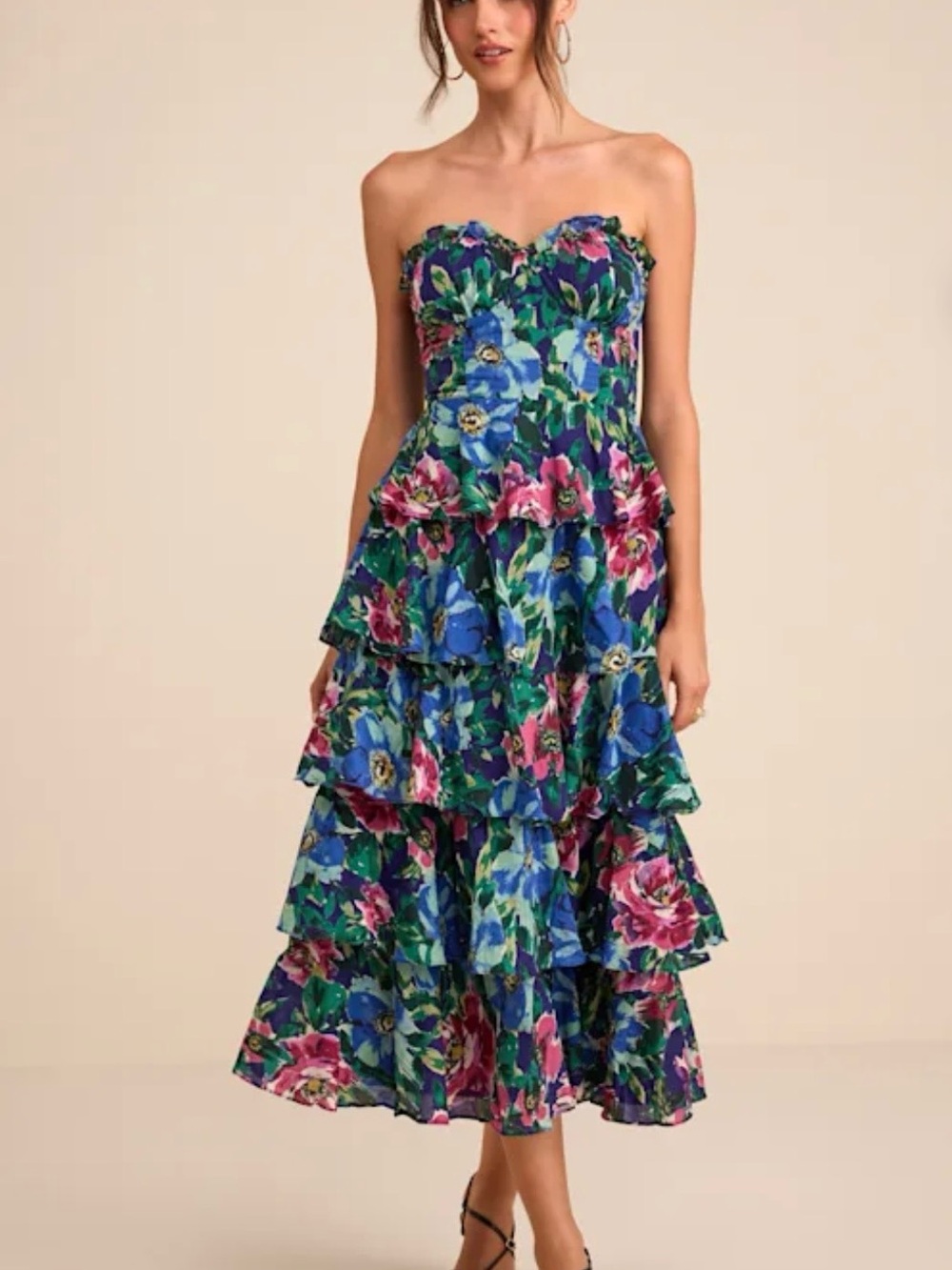 Lulu's Strapless Floral Tiered Midi Dress in Blue, Green & Pink